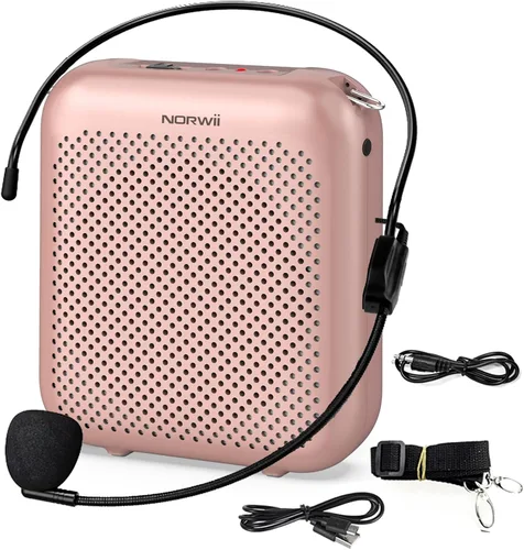 Norwii Amplificador de voz Bluetooth, amplificadores de potencia, auriculares con mini micrófono portátil con cable para profesores en el aula y Oro