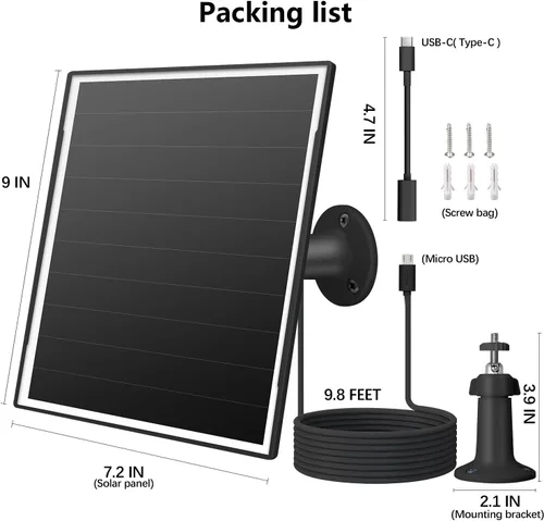 Miniatura 7 de Panel solar de 8 W para cámara de seguridad al aire libre, micro USB de 5 V y cargador de panel solar USB - C, se adapta a Eufy/Wyze/Reolink DC 5V