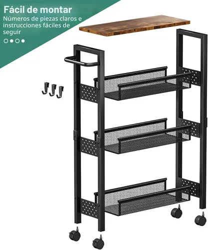Miniatura 8 de Vivihomety Carrito de Almacenamiento Delgado Utilitario con Ruedas, Carrito Rodante Pequeño de 4 Niveles con Parte Superior de Madera, Carro
