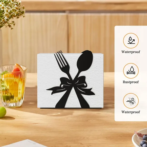 Miniatura 4 de Soporte de servilletas moderno de pie para mesa, dispensador de servilletas de metal negro, estilo con tema de tenedor y cuchara, adecuado