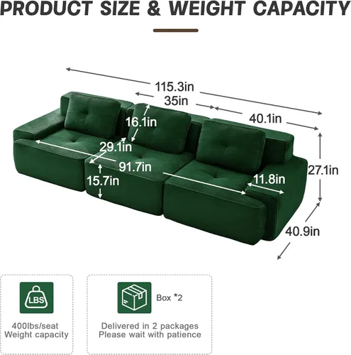 Miniatura 2 de Sofá Moderno Comprimido Sin Estructura de 117", Sofás Seccionales de 3 Plazas para Sala de Estar, Sofá Seccional Modular de Pana Verde Nube, Espuma