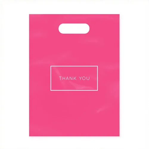 Purple Q Crafts Bolsas de compras de plástico troqueladas rosadas con logotipo de agradecimiento de 9 x 12 pulgadas con asas, paquete de 50 unidades