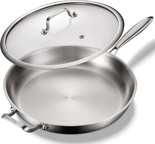 Miniatura 11 de DELARLO Sartén de acero inoxidable de tres capas de 10 pulgadas y 12 pulgadas, sartén apta para horno y de inducción, juego de ollas y sartenes