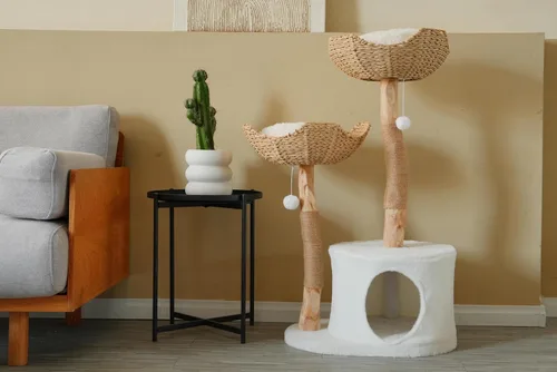 Miniatura 8 de Natural Modern - Torre de árbol para gatos, condominio de madera para gatos con bola colgante, cestas acogedoras, postes rascadores, para gatos
