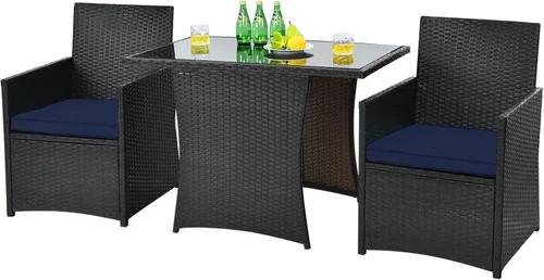 Miniatura 10 de HAPPYGRILL Juego de muebles de patio de 3 piezas, juego de mimbre de ratán PE para exteriores, con cojines lavables y mesa de vidrio templado