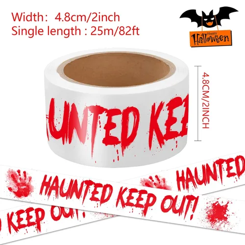 Miniatura 2 de Cinta de precaución para decoración de Halloween, HAUNTED KEEP OUT rollo de precaución sangriento blanco de escena del crimen de 2 pulgadas x 82