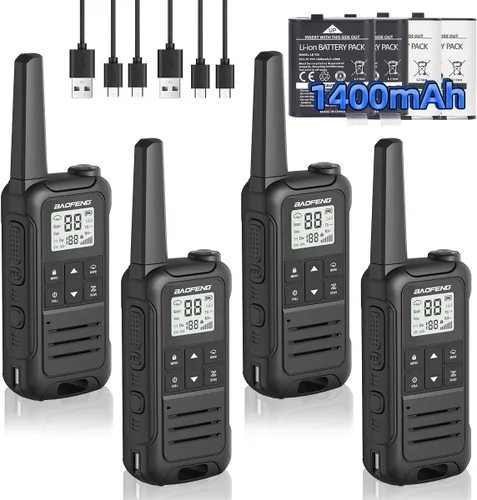Baofeng F22 - Walkie Talkies recargables de largo alcance para adultos, radio FRS de mano, paquete de 4 unidades de radio portátil de 2 vías, cable
