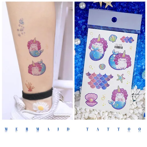 Miniatura 4 de Yobbai Tatuajes temporales con purpurina para niños, estilos mixtos de mariposa, panda, criatura marina, sirena y dinosaurio, tatuajes falsos