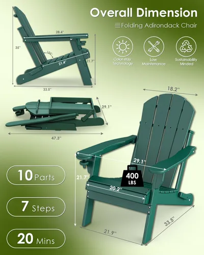 Miniatura 3 de GREENVINES Juego de sillas plegables Adirondack de 2 unidades Plástico HDPE Silla para hoguera Para todo tipo de clima Con portavasos