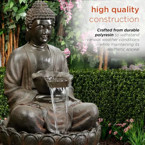 Miniatura 12 de Alpine Corporation WIN1586 Fuente de Buda pacífica para exteriores con luces LED, fuente de agua de jardín de Buda, 44 pulgadas de alto, marrón