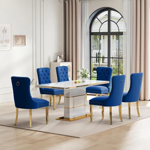 Miniatura 8 de Mesa de comedor moderna negra para 6 personas, mesa de cocina rectangular de 63 pulgadas con acabado lacado dorado y base de pedestal de acero