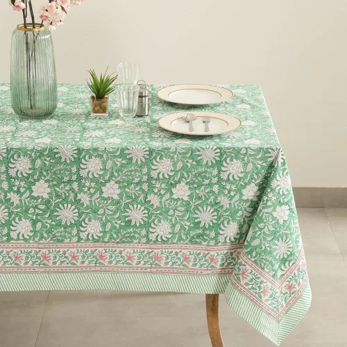Miniatura 16 de Labhanshi Mantel rectangular de 6 plazas de algodón prelavado con estampado indio a mano, 60 x 90 pulgadas, diseño floral de algodón prelavado