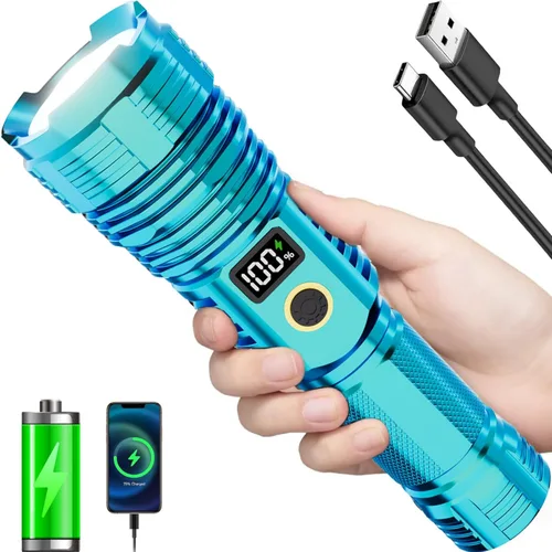 Miniatura 11 de Linternas recargables de alto lúmenes, 10000 lm LED súper brillante, linternas con zoom con pantalla digital LCD, 5 modos, impermeable, potente Negro
