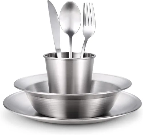 Miniatura 2 de Odoland Juego de utensilios de cocina de acero inoxidable para acampar para familia y persona, cubiertos de vajilla de cocina con platos, tazones