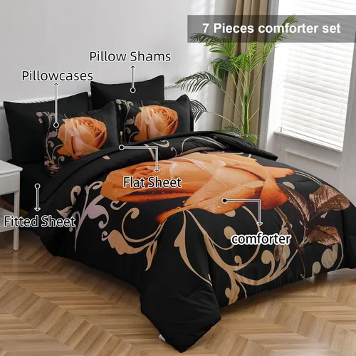 Miniatura 2 de Xruibed Juego de edredón floral tamaño King de 7 piezas en una bolsa, edredón de flores de rosa naranja con juego de sábanas de microfibra suave