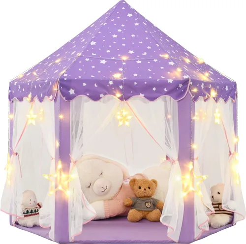Miniatura 8 de Tienda de campaña de princesa púrpura para niñas, tienda de campaña para niños con luces LED de estrellas pequeñas, tienda de casa