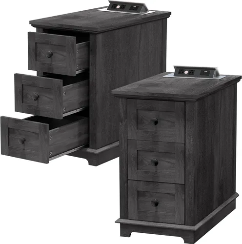 Miniatura 9 de HIFYOBRO - Mesa auxiliar con 3 cajones y estación de carga con tapa abatible, mesa auxiliar con almacenamiento, mesita de noche estrecha de madera