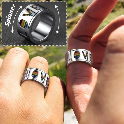Miniatura 23 de FaithHeart Anillos para ansiedad LGBT Pride Rainbow, acero inoxidable/chapado en oro de 18 quilates, joyería de amor es amor para hombres y mujeres