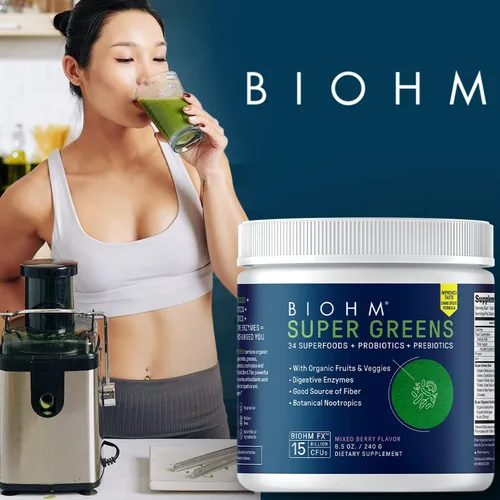 Miniatura 9 de BIOHM Super Greens, polvo de superalimento verde (8.5 onzas, 30 porciones) antioxidante en polvo vegetal y mezcla de batidos, 34 superalimentos