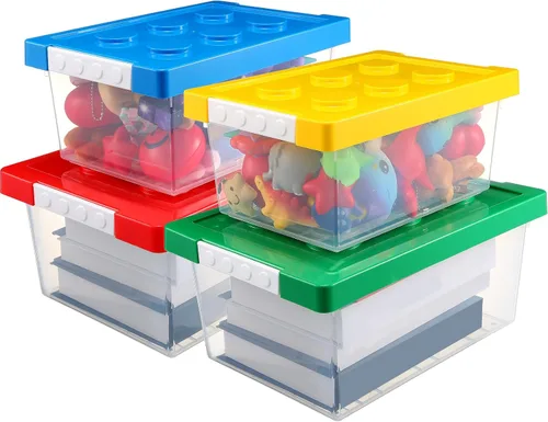 Miniatura 6 de Vicenpal Paquete de 4 Contenedores de Almacenamiento de Juguetes con Tapas en Forma de Ladrillo Caja Organizadora de Juguetes de Plástico