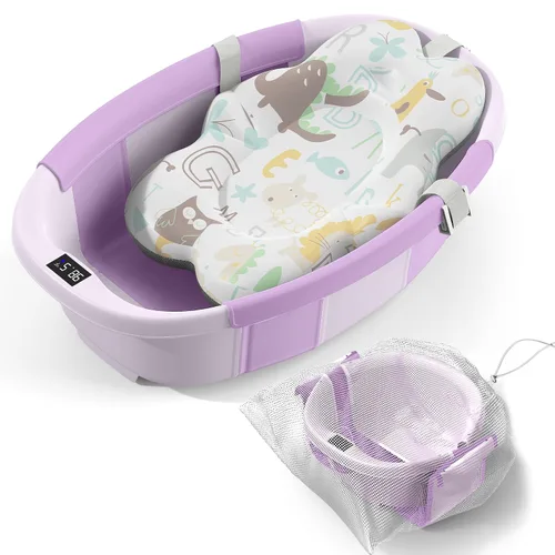 Miniatura 11 de Bañera Plegable para Bebé - Bañera Grande para Bebé con Termómetro y Cojín Bañera Portátil de Viaje para Recién Nacidos e Infantes Bañera Azul