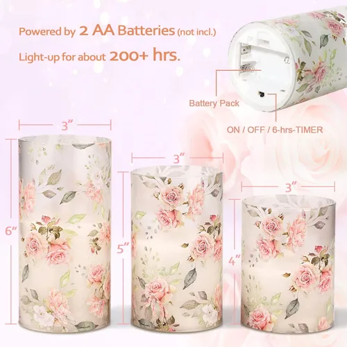 Miniatura 4 de Velas sin llama con tema de amor en forma de rosa, operadas por batería, de vidrio, parpadean, LED, con control remoto, con calcomanía de flores