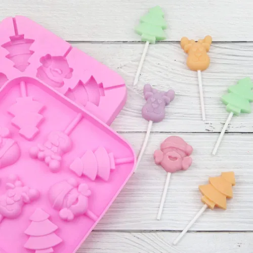 Miniatura 2 de 2 moldes de caramelo para piruletas de Navidad, 8 cavidades, moldes de silicona para piruletas de chocolate, incluye Papá Noel, árbol de Navidad