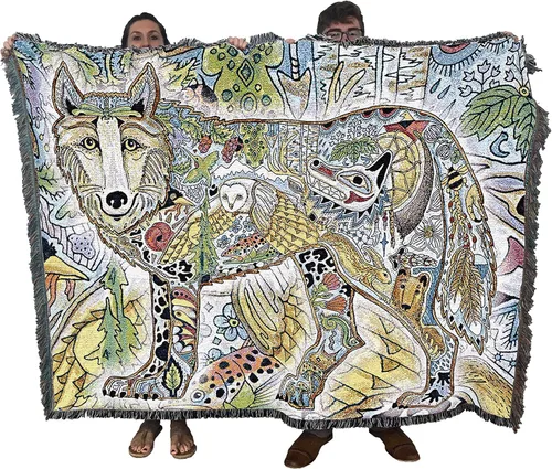 Pure Country Weavers Sue Coccia - Manta de pie de lobo, tótem de espíritus de animales, manta tejida de algodón, hecha en los Estados Unidos (72 x