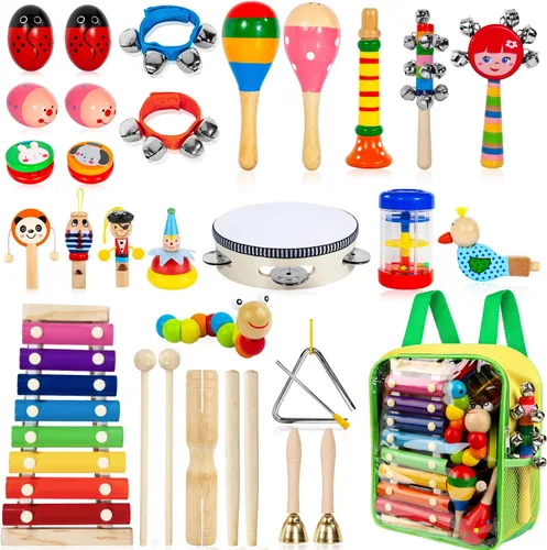 Instrumentos musicales para niños, 33 piezas, 18 tipos, instrumentos de percusión de madera, pandereta, xilófono, juguetes para niños, educación