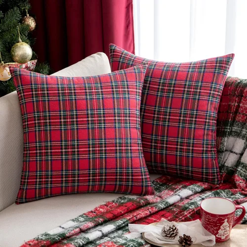 EMEMA - Juego de 2 fundas para cojines decorativas de tartán rojo navideño escocés, para sofá, 16 x 16 pulgadas, estilo rústico de casa de campo,