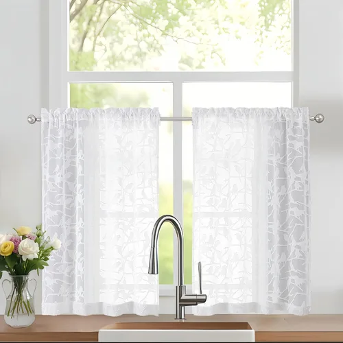OVZME Cortinas traslúcidas blancas texturizadas para cocina de 36 pulgadas de largo, juego de 2 paneles de cortinas elegantes de estilo rústico para