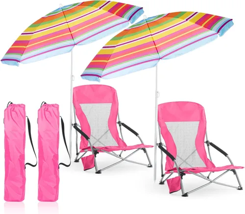 Miniatura 12 de Huwena Paquete de 2 sillas de playa con paraguas para adultos, juego de sillas plegables bajas, paraguas desmontable ajustable, ligero portátil