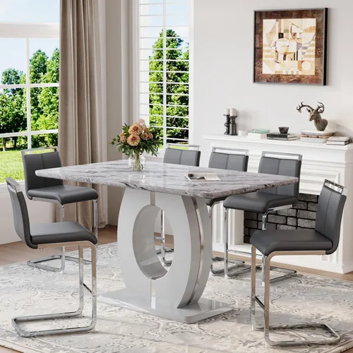 Miniatura 21 de Juego de mesa de comedor de mármol de 63 pulgadas para 6, moderno juego de mesa de comedor de altura de mostrador, mesa alta gris con taburetes