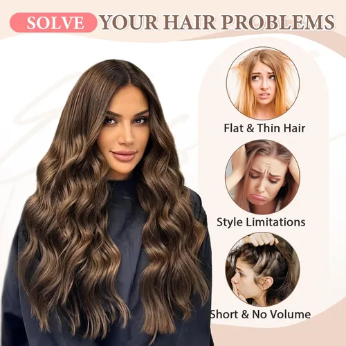 Miniatura 5 de Fliace Extensiones de cabello con clip para mujer, extensiones de cabello ondulado largo de color marrón medio, extensiones de cabello sintético