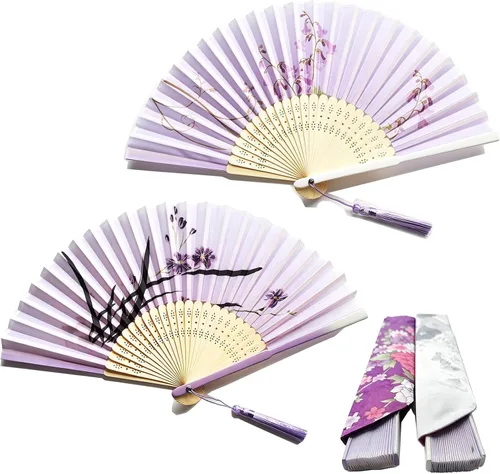 Miniatura 11 de Abanicos de mano plegables pequeños para mujer, 2 abanicos chinos japoneses de seda de bambú vintage, para baile, festival de música, boda, fiesta