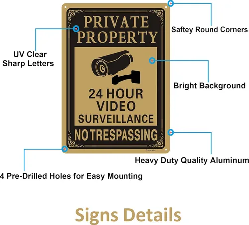 Miniatura 4 de Amexiu Señal de advertencia de videovigilancia de cámara CCTV de 24 horas de propiedad privada 10 x 7 pulgadas aluminio libre de óxido de fácil