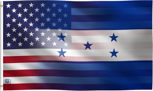 Bandera híbrida estadounidense hondureña de 3 x 5 pies: pancarta 100% poliéster, ojales de latón y cabecera de lona fuerte, para uso en exteriores o