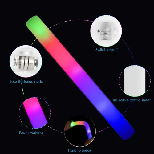 Miniatura 2 de 24 varillas de espuma iluminadas, bastones de espuma LED brillantes con 3 modos de efecto intermitente colorido, brillan en la oscuridad