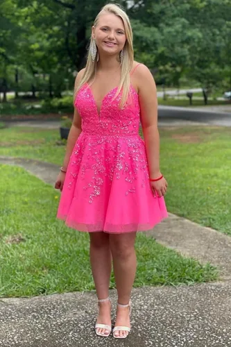 Miniatura 6 de Vestidos de tul con apliques de encaje, vestido corto de lentejuelas brillantes, tirantes delgados, cuello en V, vestidos de cóctel