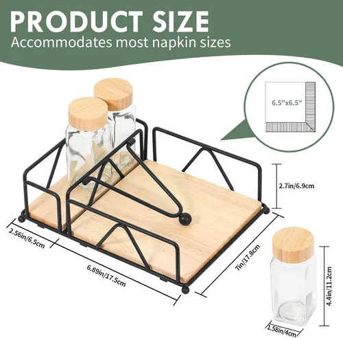 Miniatura 2 de Juego de 4 servilletas de metal con salero y pimentero, base de madera, moderno servilletero plano para mesa, decoración de mesa de cocina, cóctel