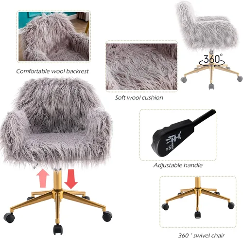 Miniatura 4 de KCC Silla de escritorio de oficina esponjosa, silla giratoria moderna de pelo sintético con ruedas, sillas de acento suaves, cómodas, elegantes