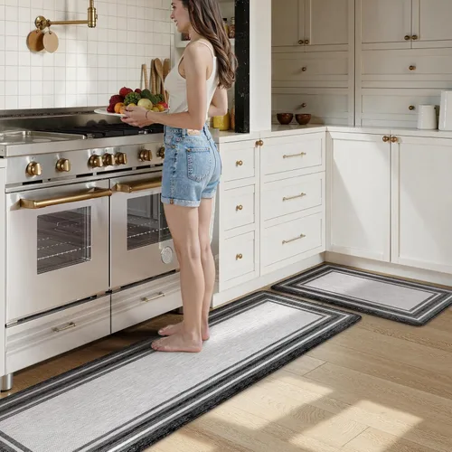 Miniatura 100 de KIMODE - Juego de 2 tapetes de cocina bohemios, antifatiga, antideslizantes, impermeables, ergonómicos, acolchados, cómodos, para lavandería, Caqui