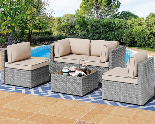 Miniatura 11 de Shintenchi Juego de 5 muebles de patio al aire libre, sofá seccional de patio, muebles de mimbre de polietileno gris, juegos de conversación