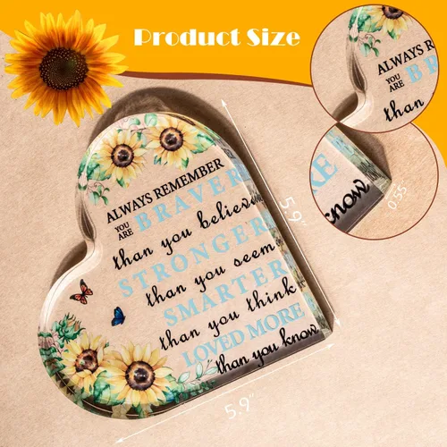 Miniatura 3 de HELORAY Decoración de oficina de acrílico con girasol, letrero decorativo cuadrado amarillo rústico mediano, cita inspiradora, mesa, 5.9 x 5.9