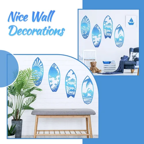 Miniatura 4 de 4 piezas de tabla de surf de metal para decoración de pared, tabla de surf de verano, letreros de playa, tiburón, palmera, arte de pared, decoración