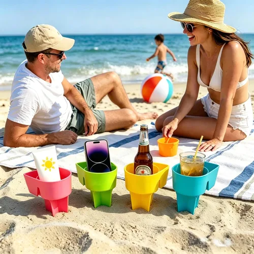Miniatura 4 de Portavasos para la playa Home Queen con bolsillo, soporte multifuncional para arena para bebidas, teléfono, gafas de sol y llaves, accesorio