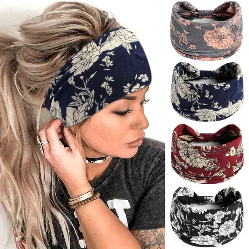 Miniatura 19 de FULZTEY Diademas bohemias para mujer, elegantes diademas con estampado floral, turbante de nudo ancho, elástico, para yoga, correr, entrenamiento