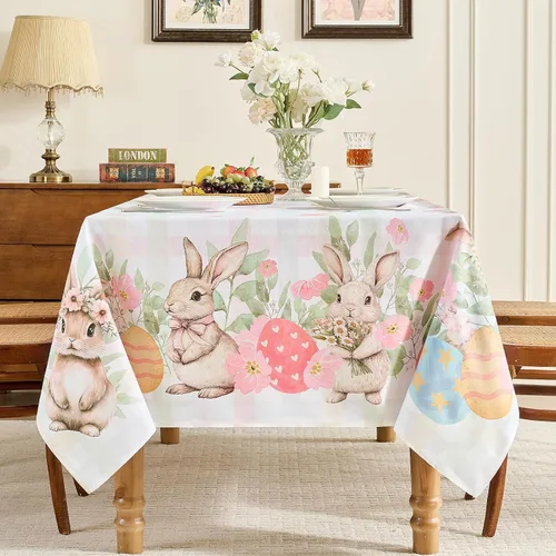 Miniatura 6 de Romanstile Mantel rectangular de primavera de Pascua, 60 x 120 pulgadas, mantel de tela impermeable a cuadros de conejo y huevos de búfalo