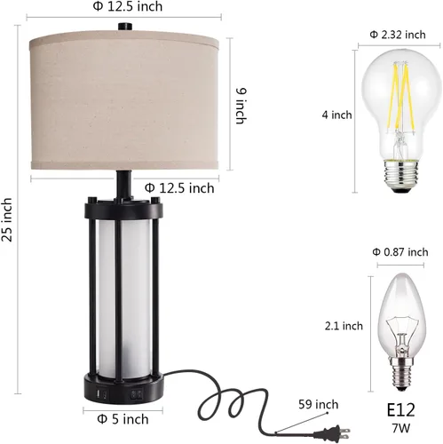 Miniatura 6 de Lámparas de mesa modernas para sala de estar, lámparas industriales de mesita con 2 puertos USB, lámpara rústica de mesita con luz nocturna