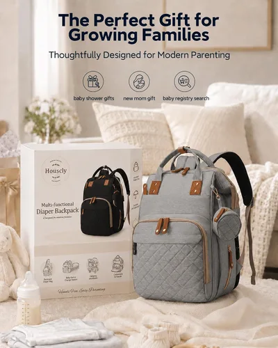Miniatura 8 de houscly Mochila para pañales con cambiador: bolsas de bebé de viaje negras para niñas y niños, pañaleras para bebe, artículos esenciales para recién